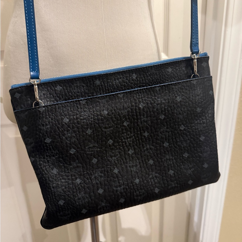 MCM Crossbody Pouch Visetos Original Black and Blue Leather